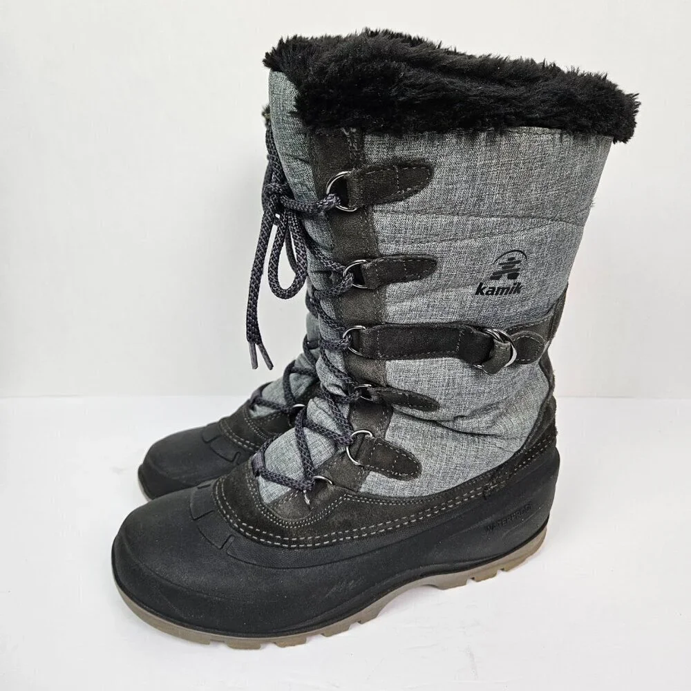 Kamik Snovalley 2 Gray/Black Faux Fur Lined Winter Lace Up Snow Boot 8